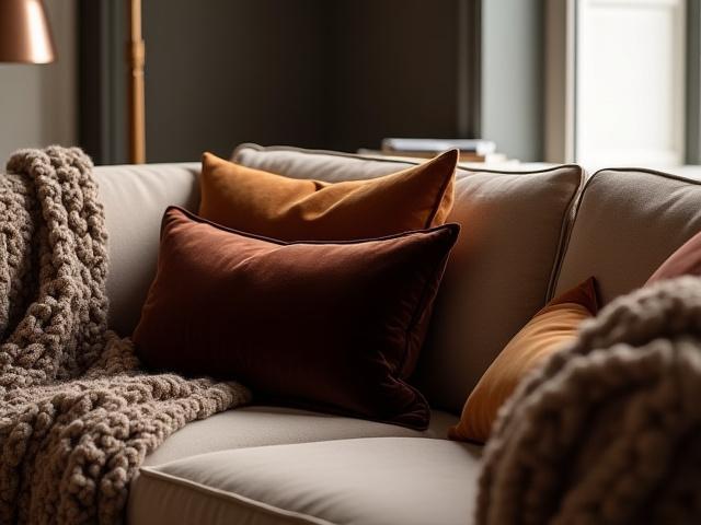 Soft throw blanket draped over a finished cushion arrangement