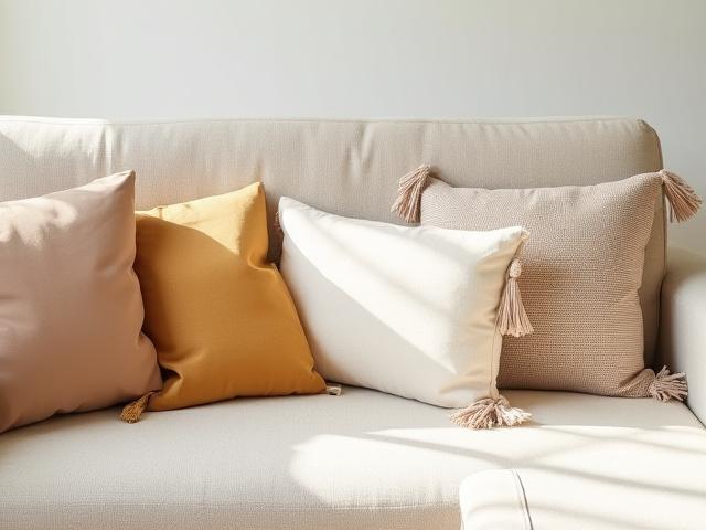 Vibrant, artisan cushions arranged on a neutral sofa