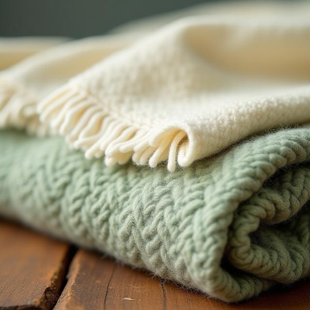 Soft herringbone pattern wool throw in sage and cream